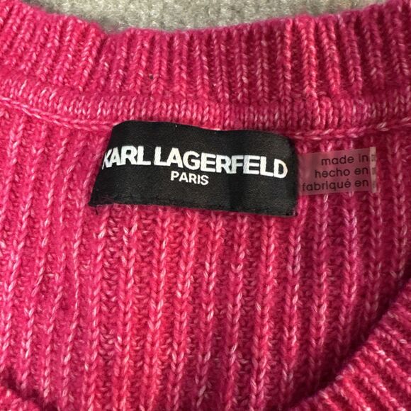 KARL LAGERFELD Pink/Black Colorblock Logo Ribbed Long Sleeve Sweater‎ Women's Lg - Picture 3 of 8